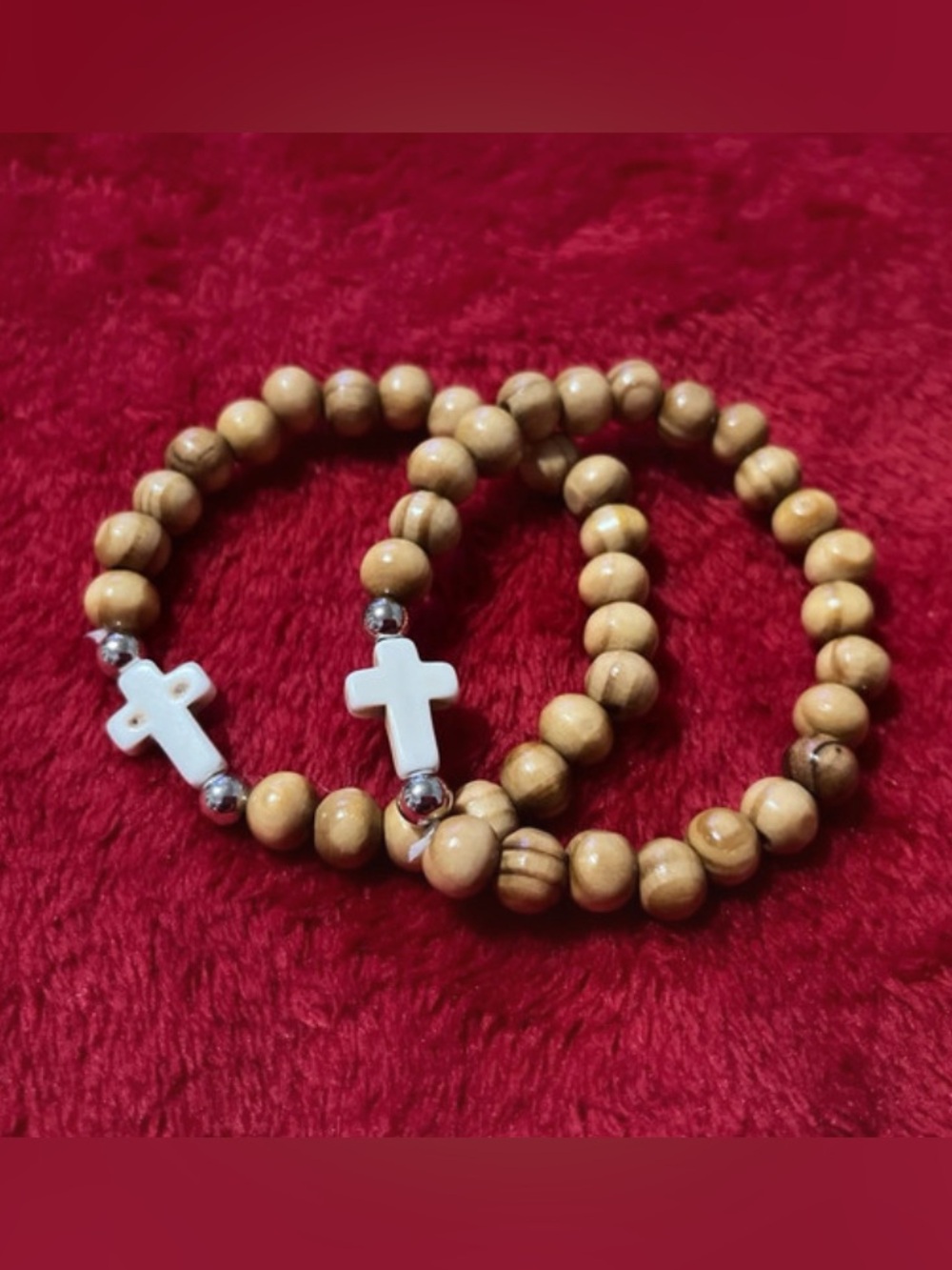 Natural Wood Bead Bracelet with White Cross Accent